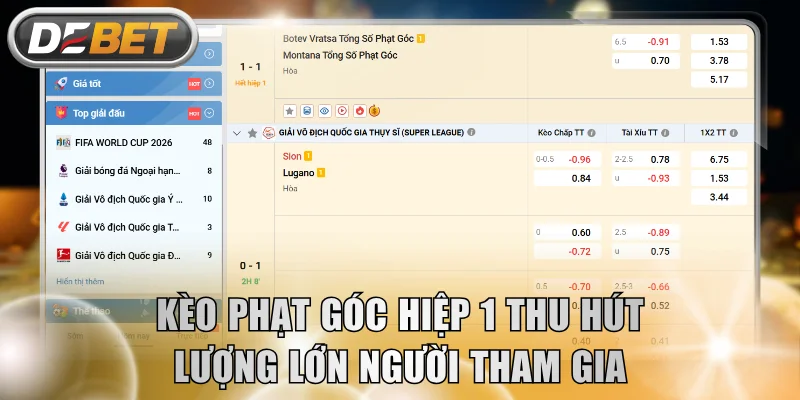 Kèo phạt góc hiệp 1 tại DEBET thu hút lượng lớn người tham gia